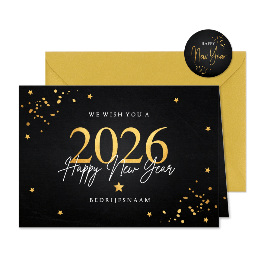 Nieuwjaarskaart zwart goudlook confetti 2026 - Kaartimpressie