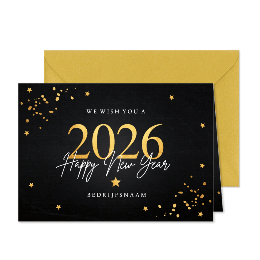 Nieuwjaarskaart zwart goudlook confetti 2026 - Kaartimpressie