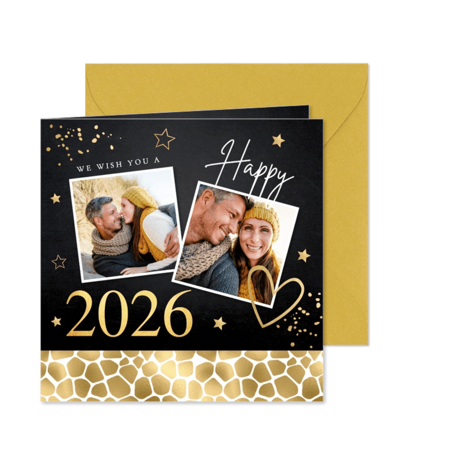 Nieuwjaarskaart zwart goudlook panterprint foto 2026 - Kaartimpressie