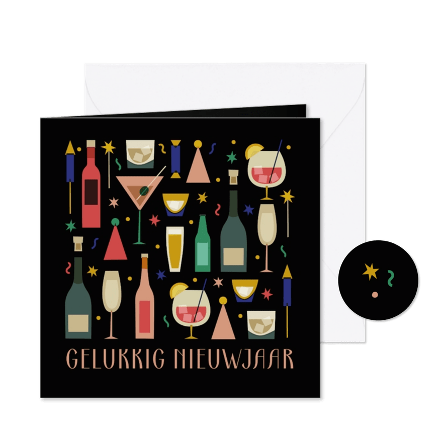 Nieuwjaarskaart zwart met champagne drank en glazen - Kaartimpressie