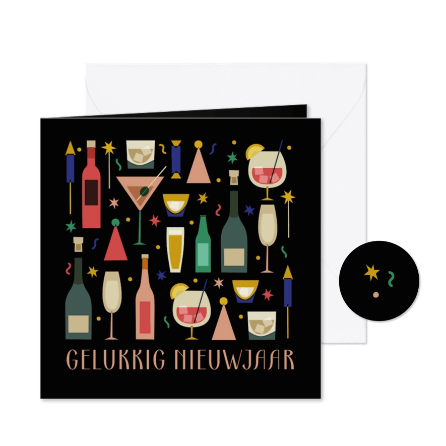 Nieuwjaarskaart zwart met champagne drank en glazen - Kaartimpressie