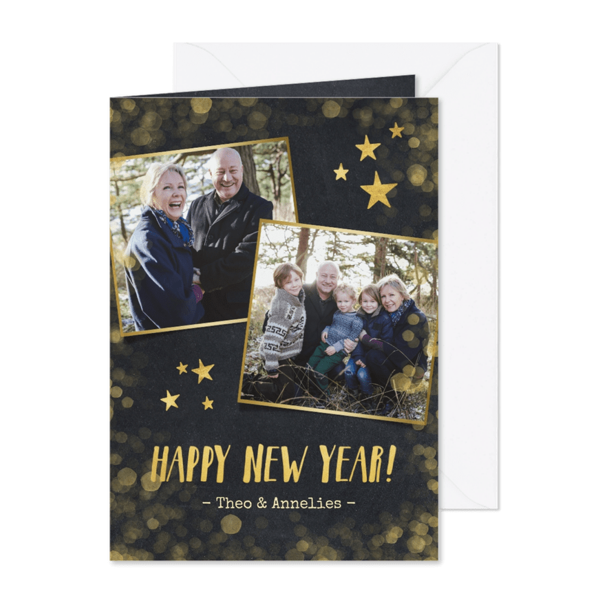 Nieuwjaarskaart zwart met goud en 2 eigen foto's - Kaartimpressie