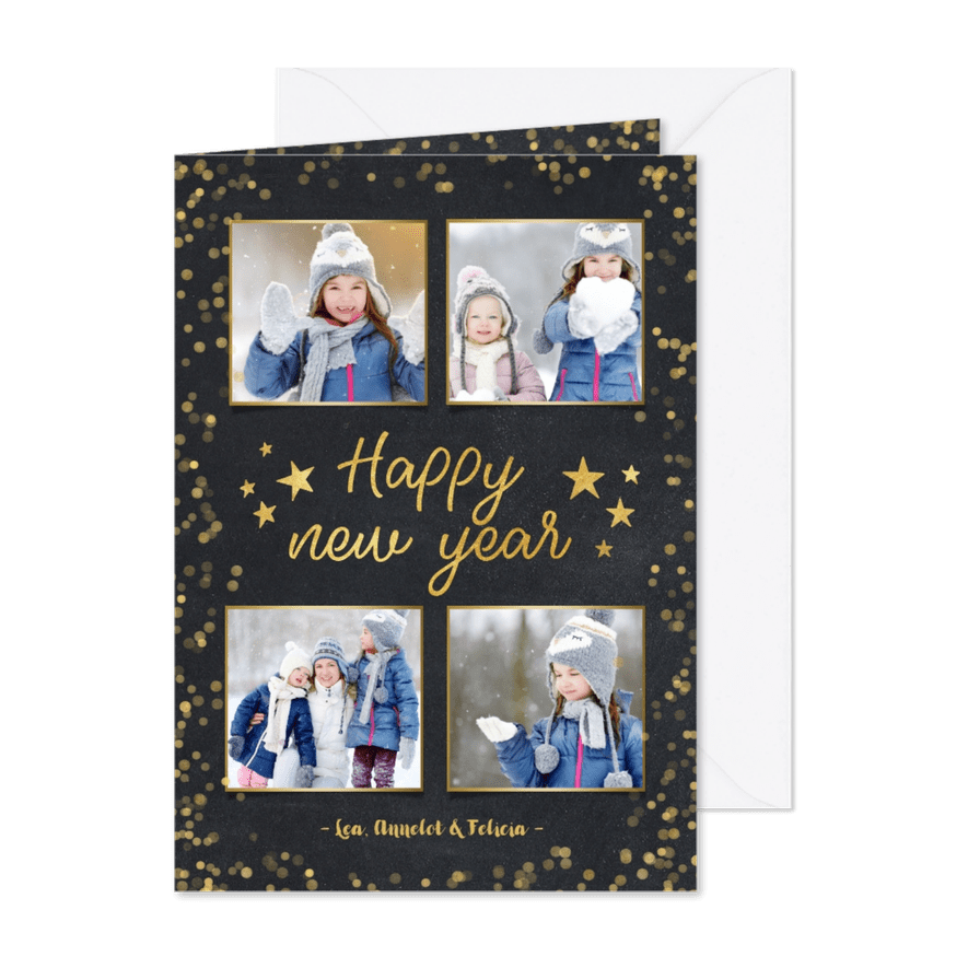 Nieuwjaarskaart zwart met goudlook confetti en sterren - Kaartimpressie