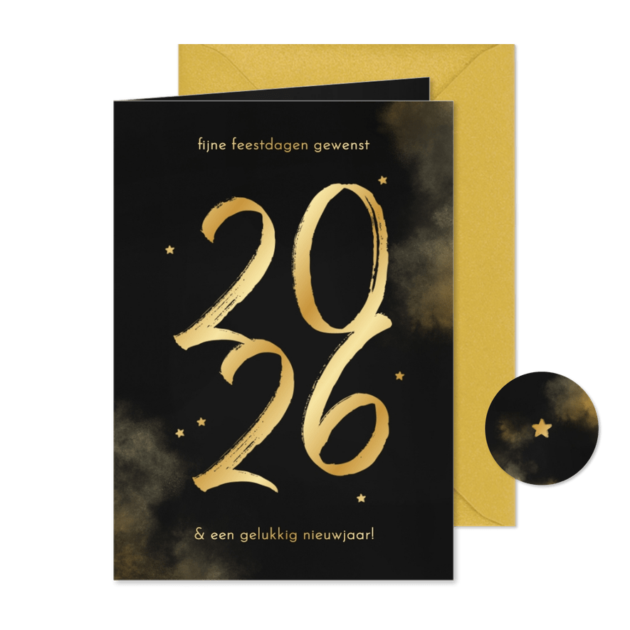Nieuwjaarskaartje 2026 goud met sterretjes en waterverf - Kaartimpressie