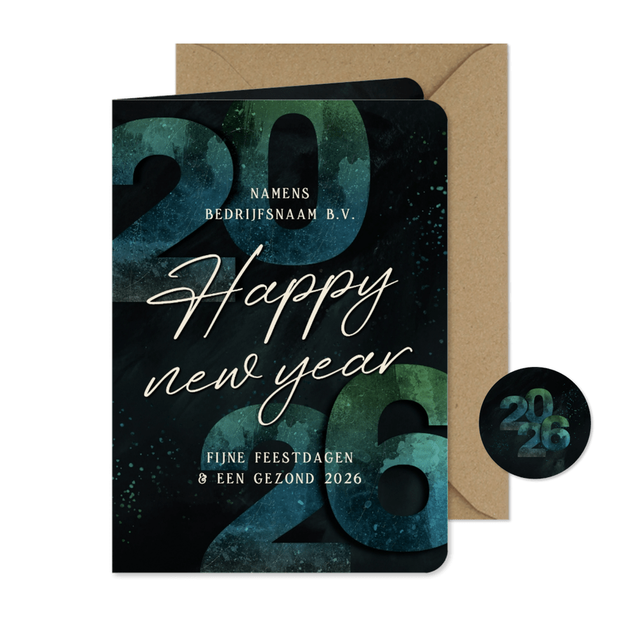 Nieuwjaarskaartje 2026 groen blauw happy new year - Kaartimpressie