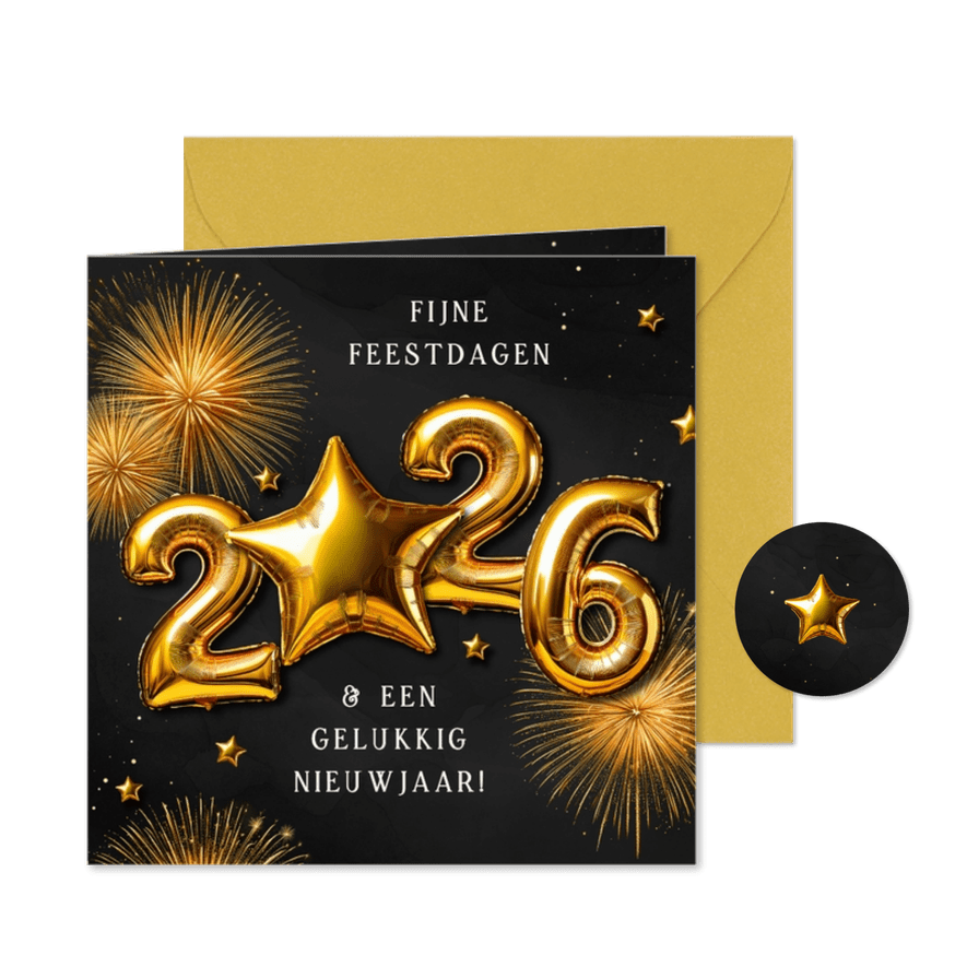 Nieuwjaarskaartje folieballonnen 2026 ster vuurwerk goud - Kaartimpressie