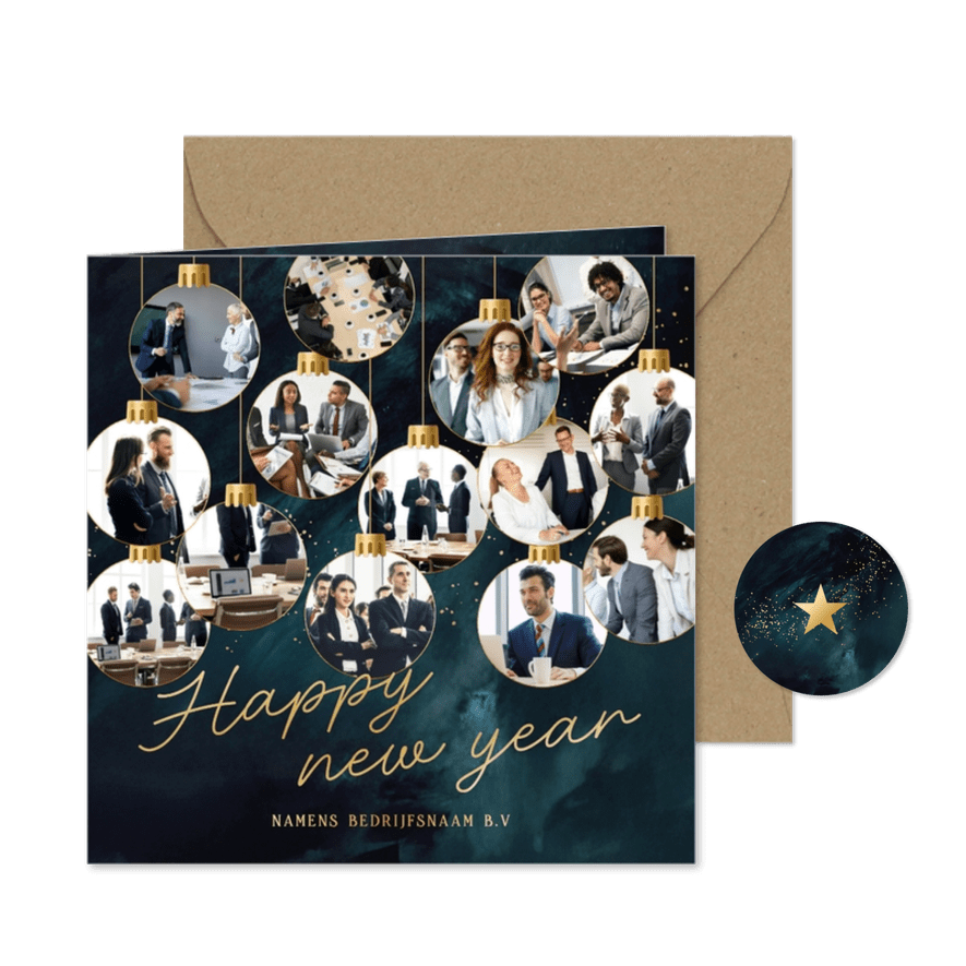 Nieuwjaarskaartje fotocollage kerstbal happy new year - Kaartimpressie