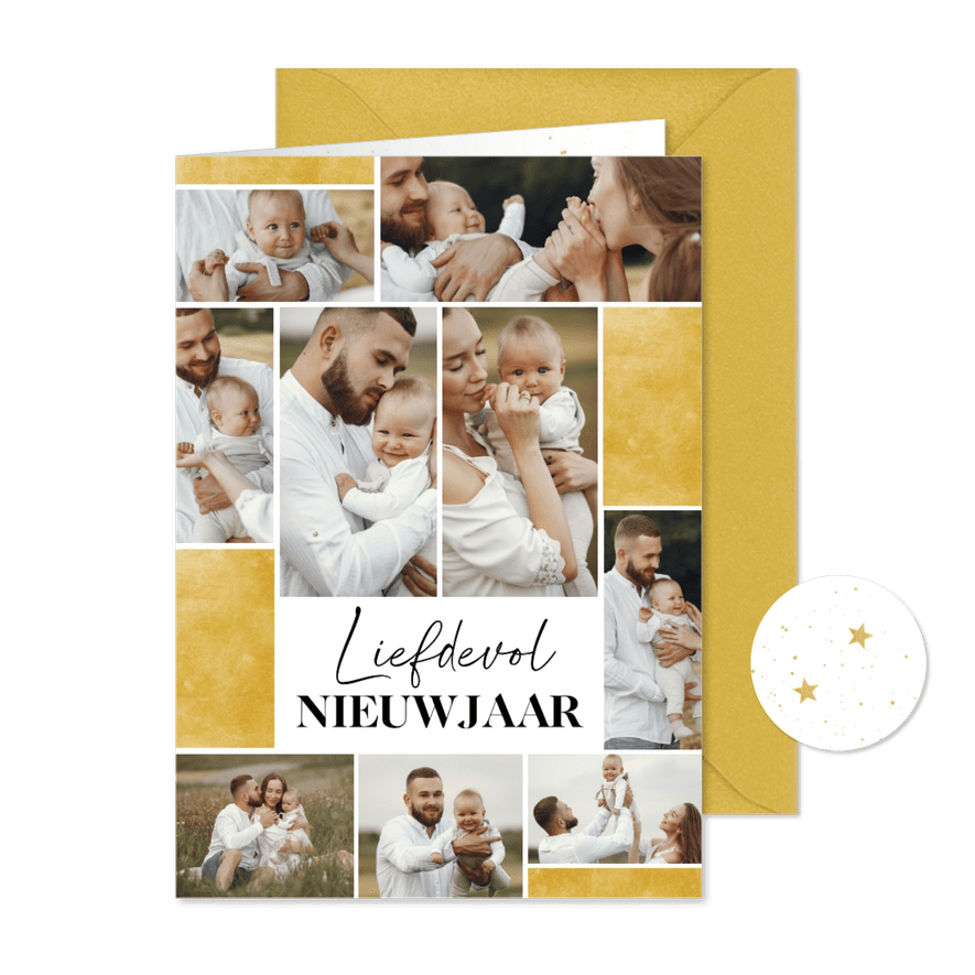 Nieuwjaarskaartje fotocollage liefdevol nieuwjaar goud - Kaartimpressie