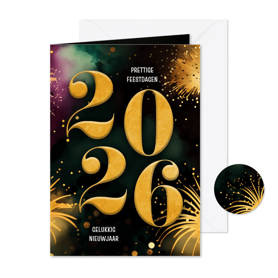 Nieuwjaarskaartje gekleurd vuurwerk 2026 groot goud - Kaartimpressie