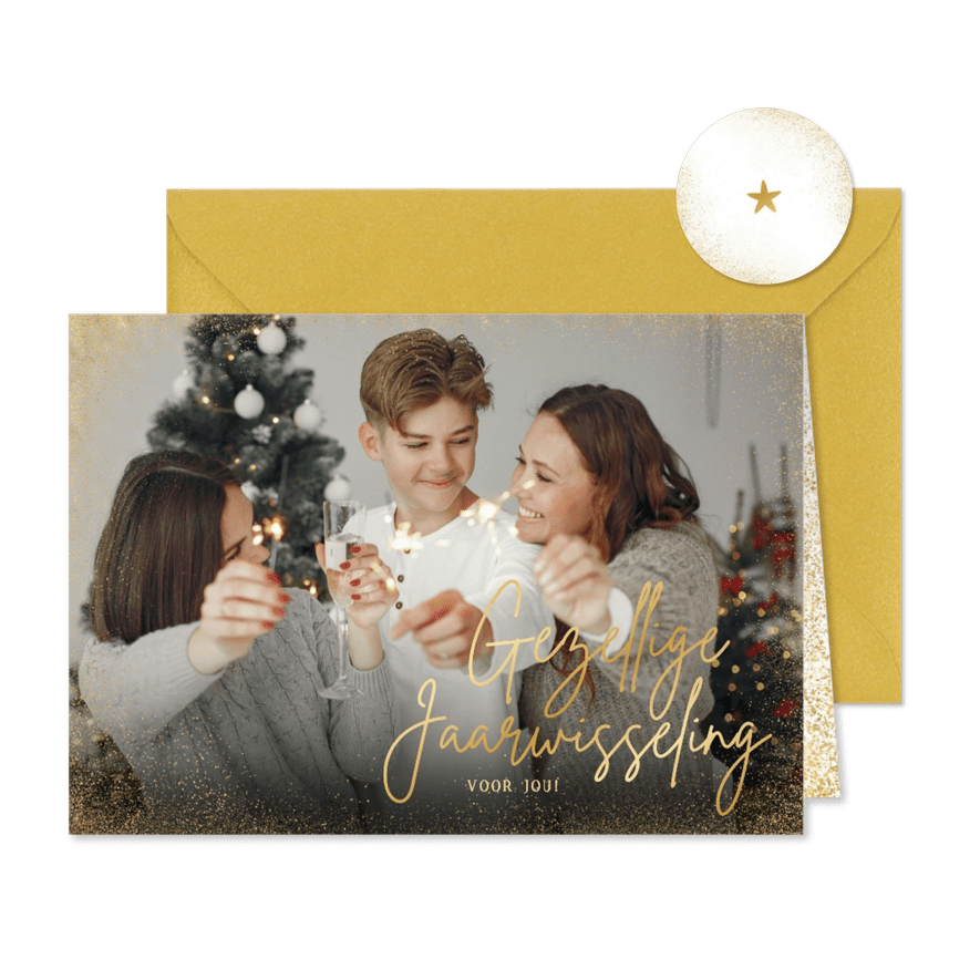 Nieuwjaarskaartje gezellige jaarwisseling grote foto goud - Kaartimpressie