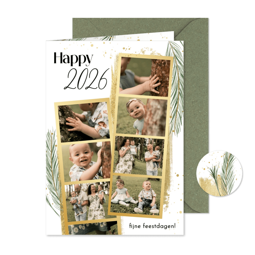 Nieuwjaarskaartje gouden fotostrip happy 2026 takjes - Kaartimpressie