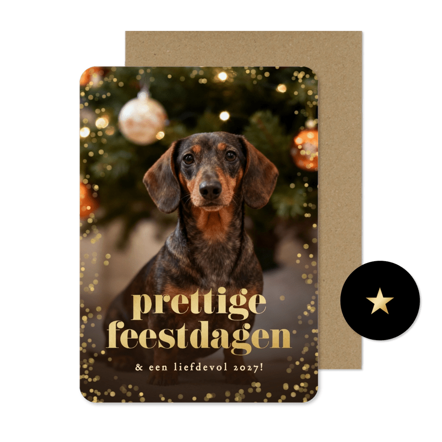 Nieuwjaarskaartje grote foto hond kader goud confetti - Kaartimpressie