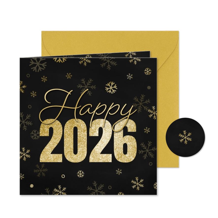 Nieuwjaarskaartje happy 2026 met sneeuwvlokjes goud - Kaartimpressie