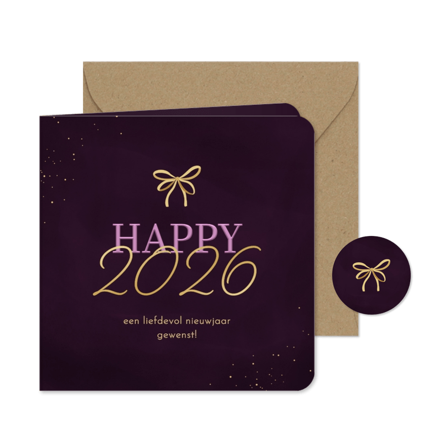 Nieuwjaarskaartje happy 2026 met strikje paars - Kaartimpressie