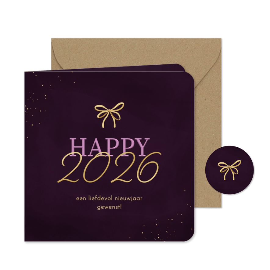 Nieuwjaarskaartje happy 2026 met strikje paars - Kaartimpressie