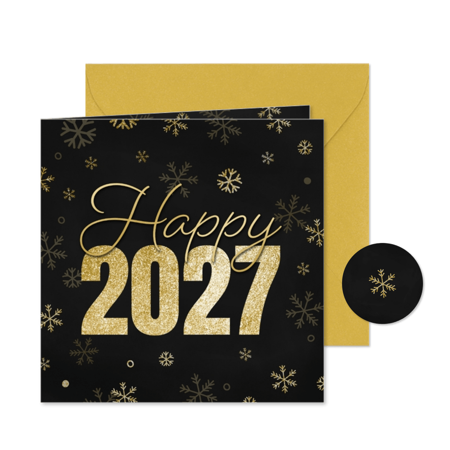 Nieuwjaarskaartje happy 2027 met sneeuwvlokjes goud - Kaartimpressie
