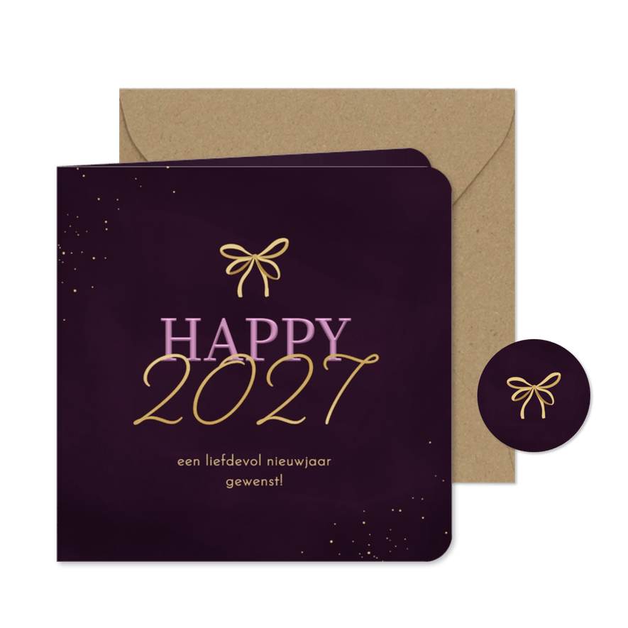 Nieuwjaarskaartje happy 2027 met strikje paars - Kaartimpressie