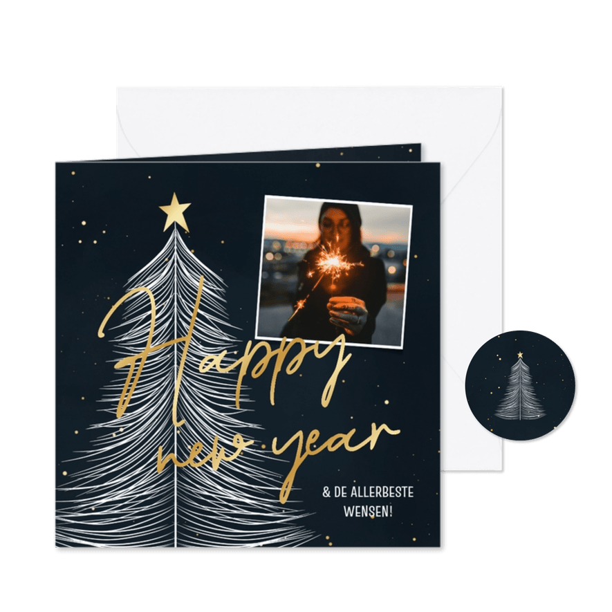 Nieuwjaarskaartje happy new year met kerstboom en foto - Kaartimpressie