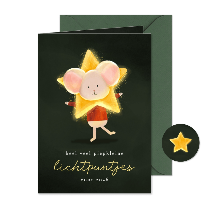 Nieuwjaarskaartje lichtpuntjes ster om hoofd muisje  - Kaartimpressie