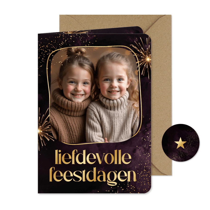 Nieuwjaarskaartje liefdevolle feestdagen goud paars vuurwerk - Kaartimpressie