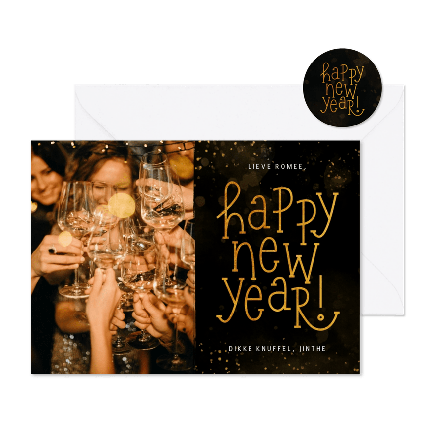 Nieuwjaarskaartje met foto en speelse typografie - Kaartimpressie