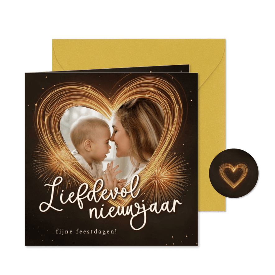 Nieuwjaarskaartje met gouden hart vuurwerk en foto - Kaartimpressie