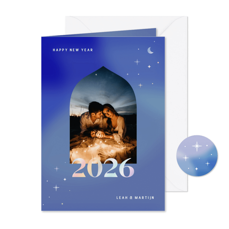 Nieuwjaarskaartje met holografische sterretjes en foto - Kaartimpressie