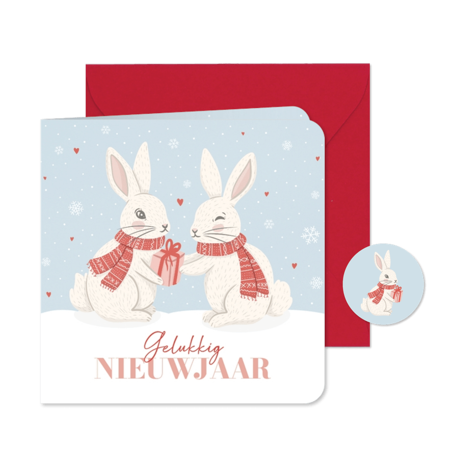 Nieuwjaarskaartje met konijnen in de sneeuw lichtblauw - Kaartimpressie
