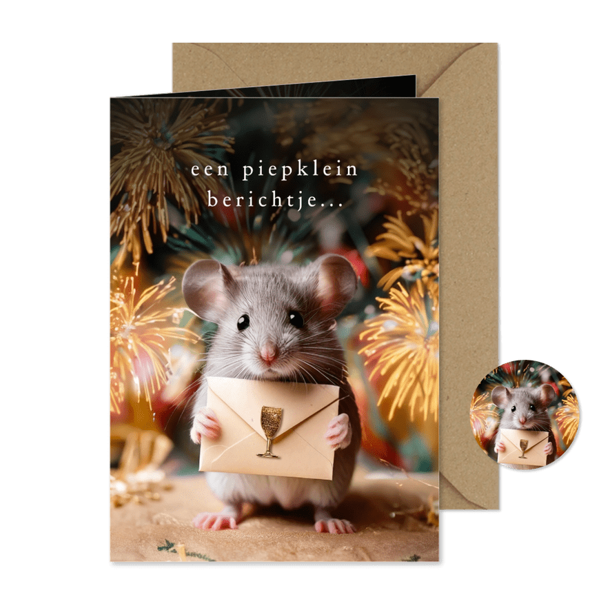 Nieuwjaarskaartje met schattig muisje piepklein berichtje - Kaartimpressie