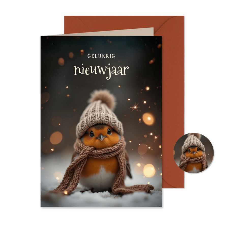 Nieuwjaarskaartje met schattig roodborstje en sterren - Kaartimpressie