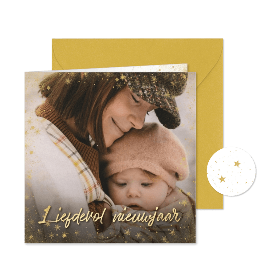 Nieuwjaarskaartje met sterretjeskader en grote eigen foto - Kaartimpressie