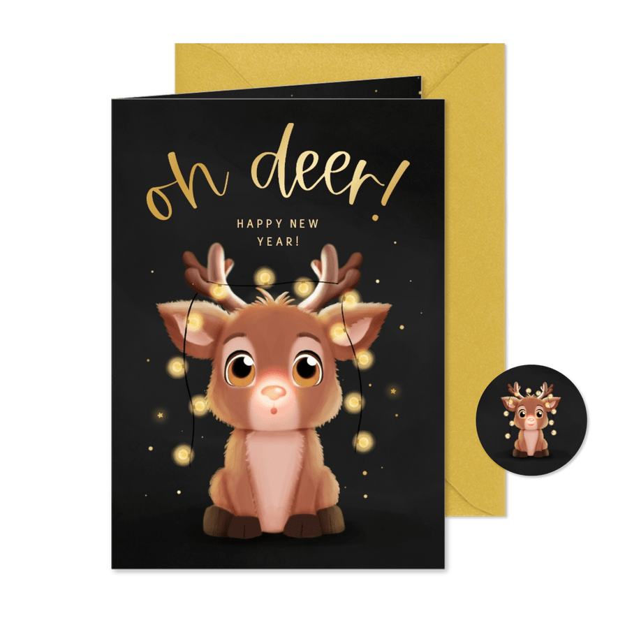 Nieuwjaarskaartje oh deer happy new year rendier lampjes - Kaartimpressie