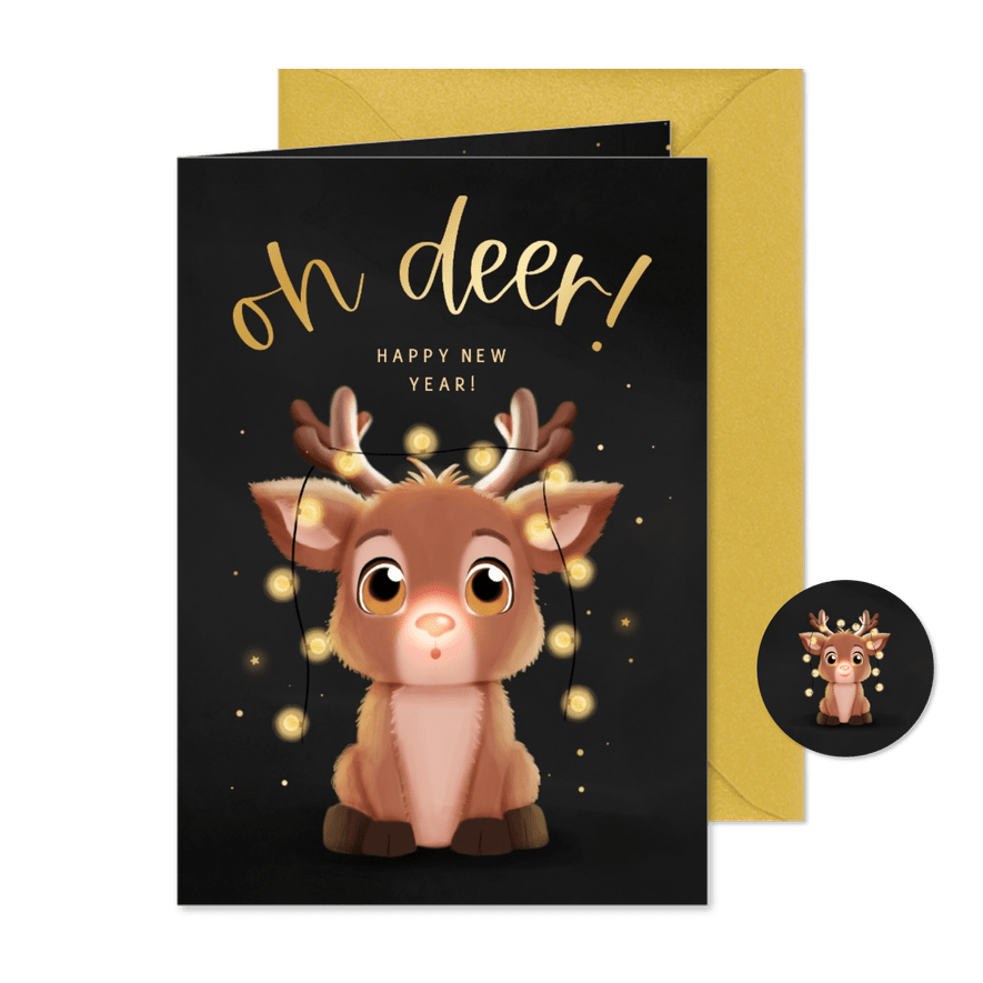 Nieuwjaarskaartje oh deer happy new year rendier lampjes - Kaartimpressie