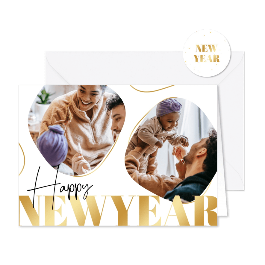 Nieuwjaarskaartje organische fotokaders en goud - Kaartimpressie