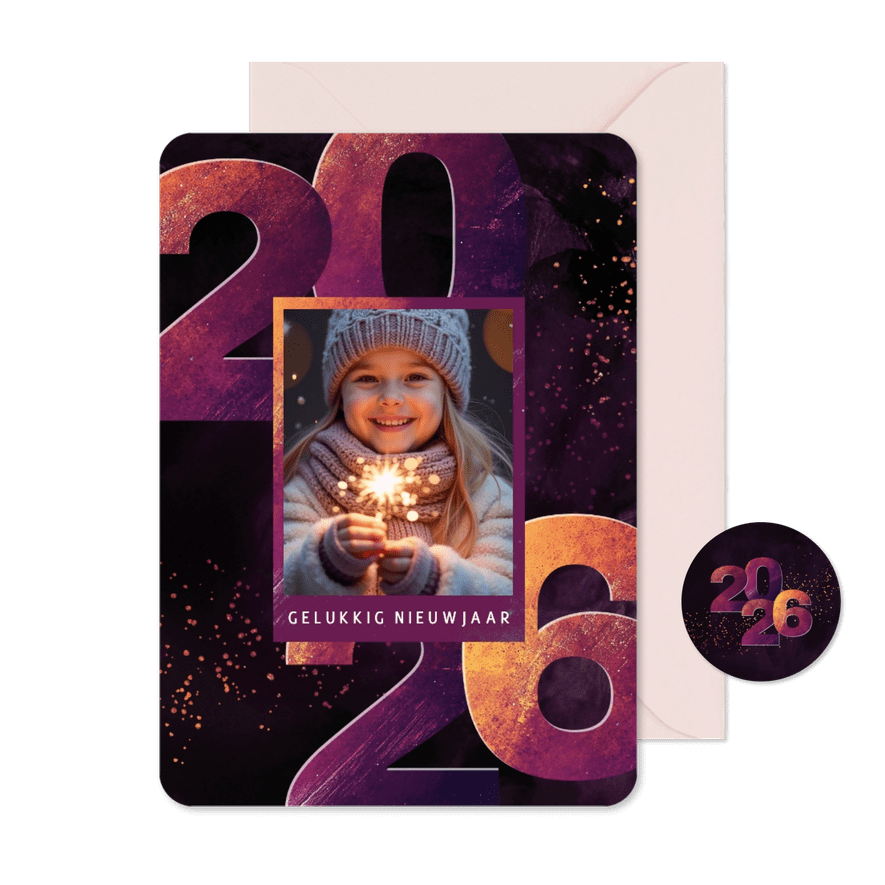 Nieuwjaarskaartje paars geel 2026 met kader foto - Kaartimpressie