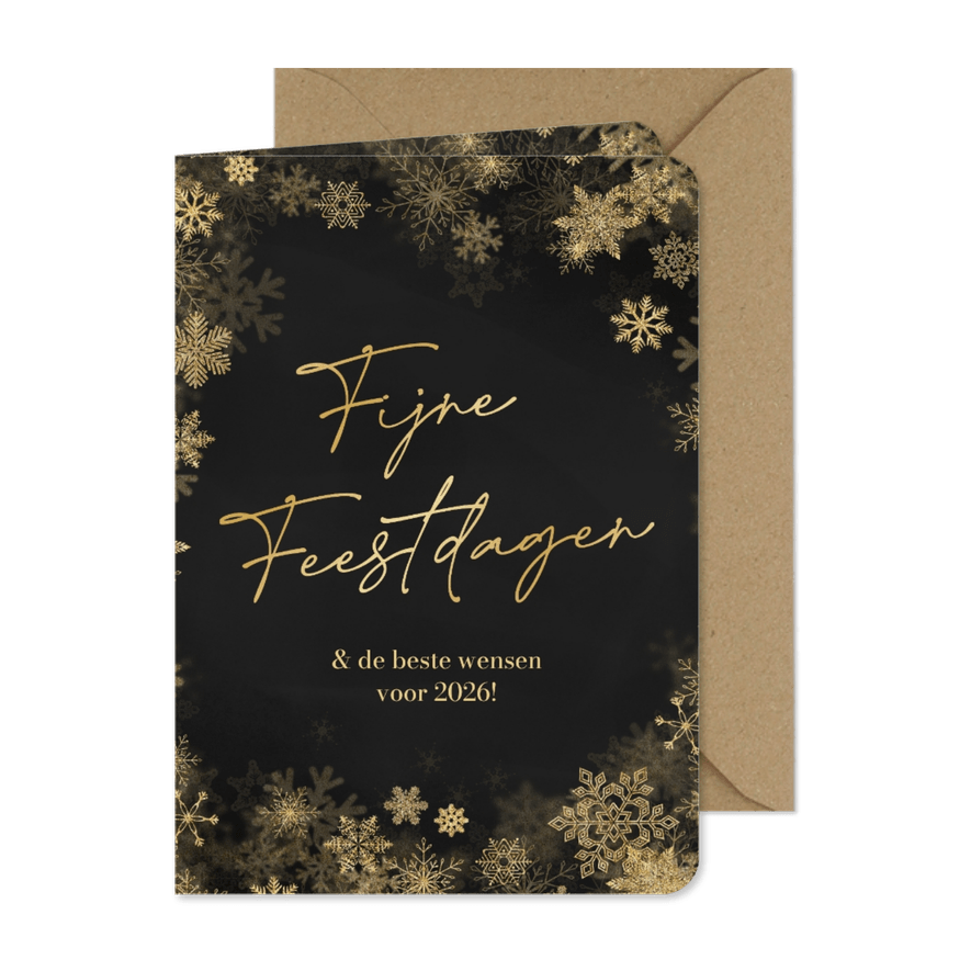 Nieuwjaarskaartje sneeuwvlokken goud fijne feestdagen - Kaartimpressie