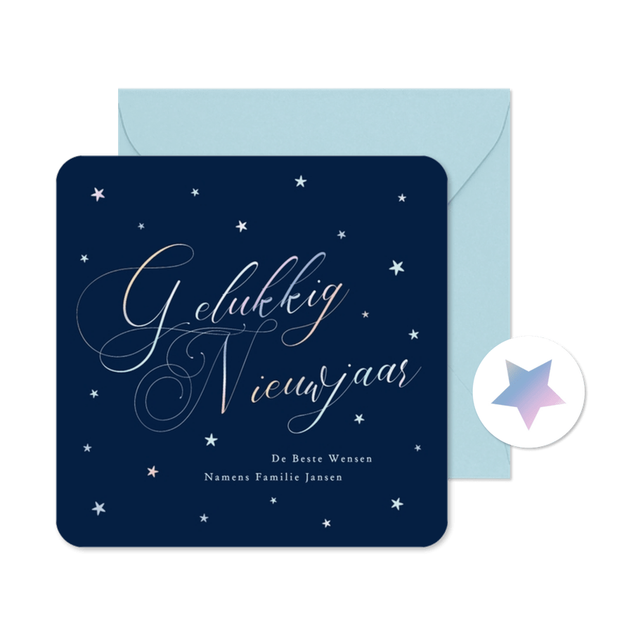 Nieuwjaarskaartje vintage typografie en sterren holografisch - Kaartimpressie