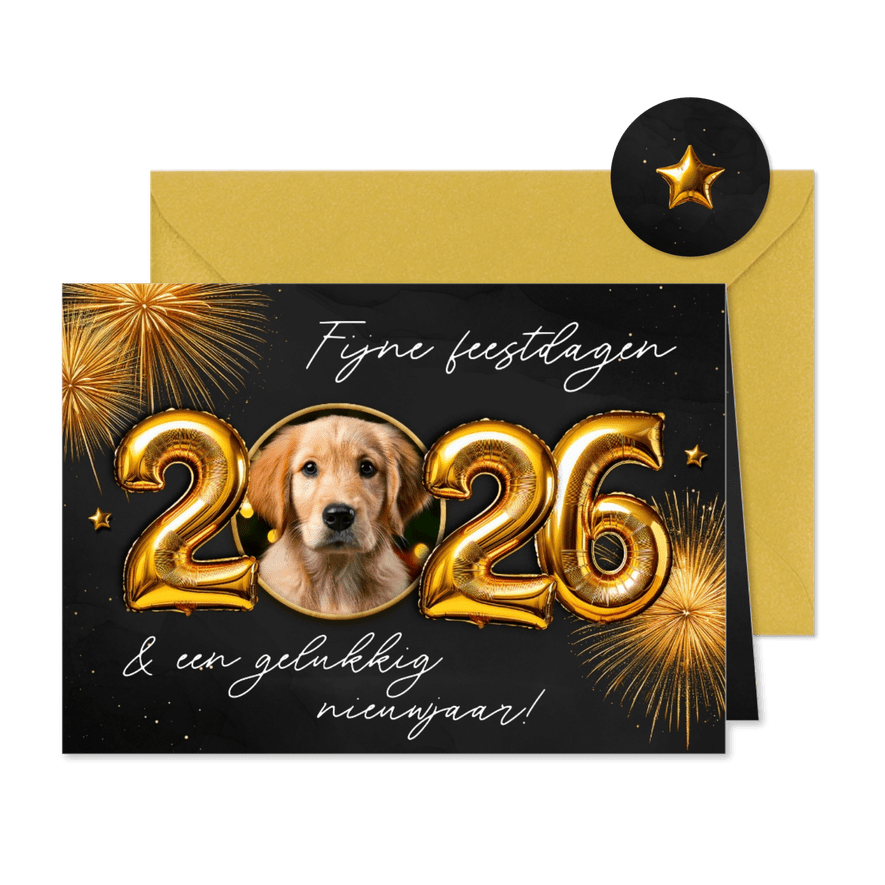 Nieuwjaarskaartje vuurwerk 2026 folieballonnen foto goud - Kaartimpressie