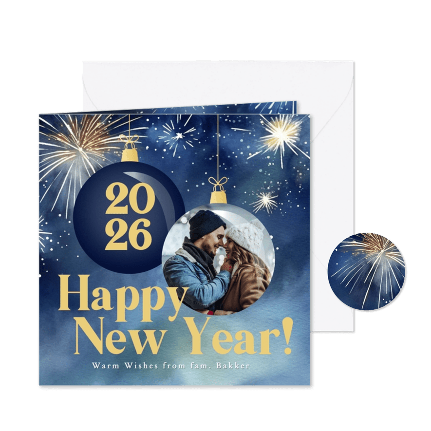 Nieuwjaarskaartjes met blauw vuurwerk kerstbal en foto - Kaartimpressie