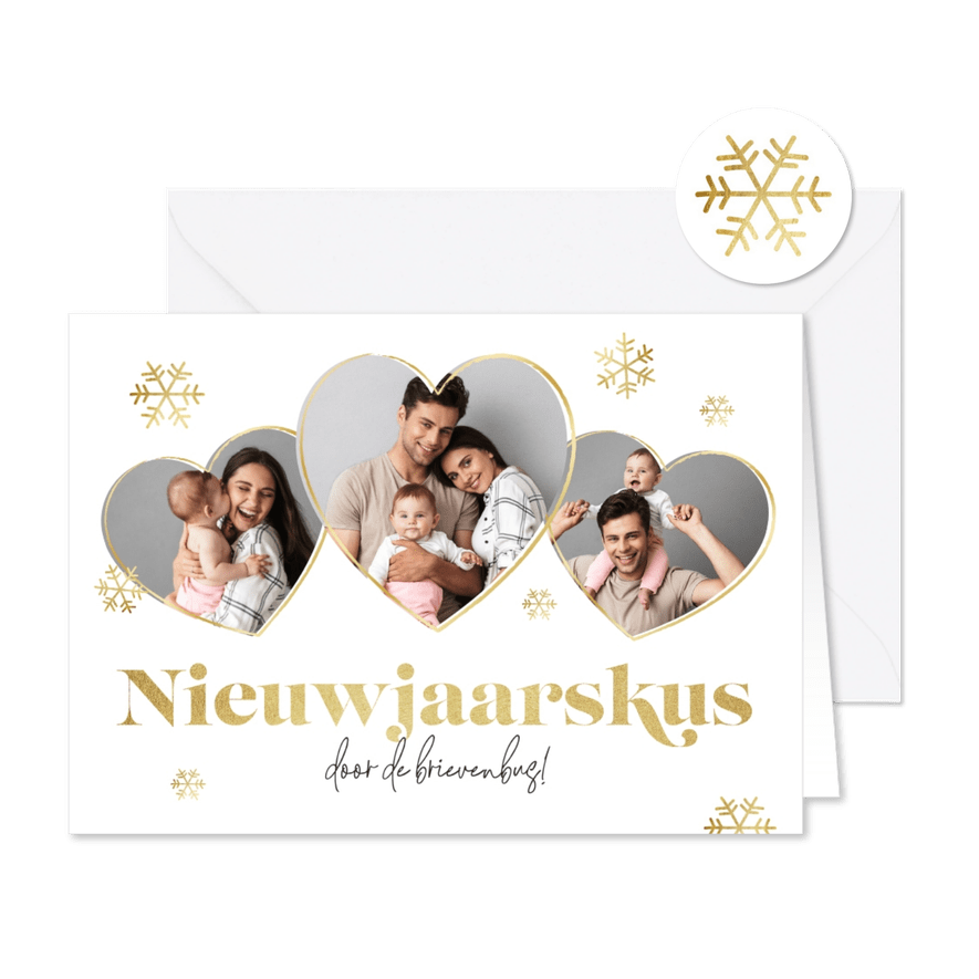 Nieuwjaarskus door de brievenbus foto's goud sneeuw - Kaartimpressie