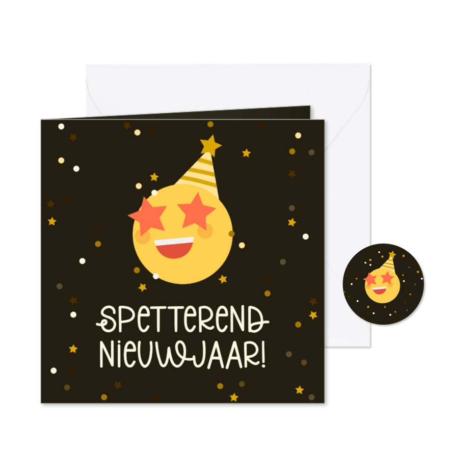 Nieuwkaarskaart spetterend nieuwjaar emoji met ster ogen - Kaartimpressie