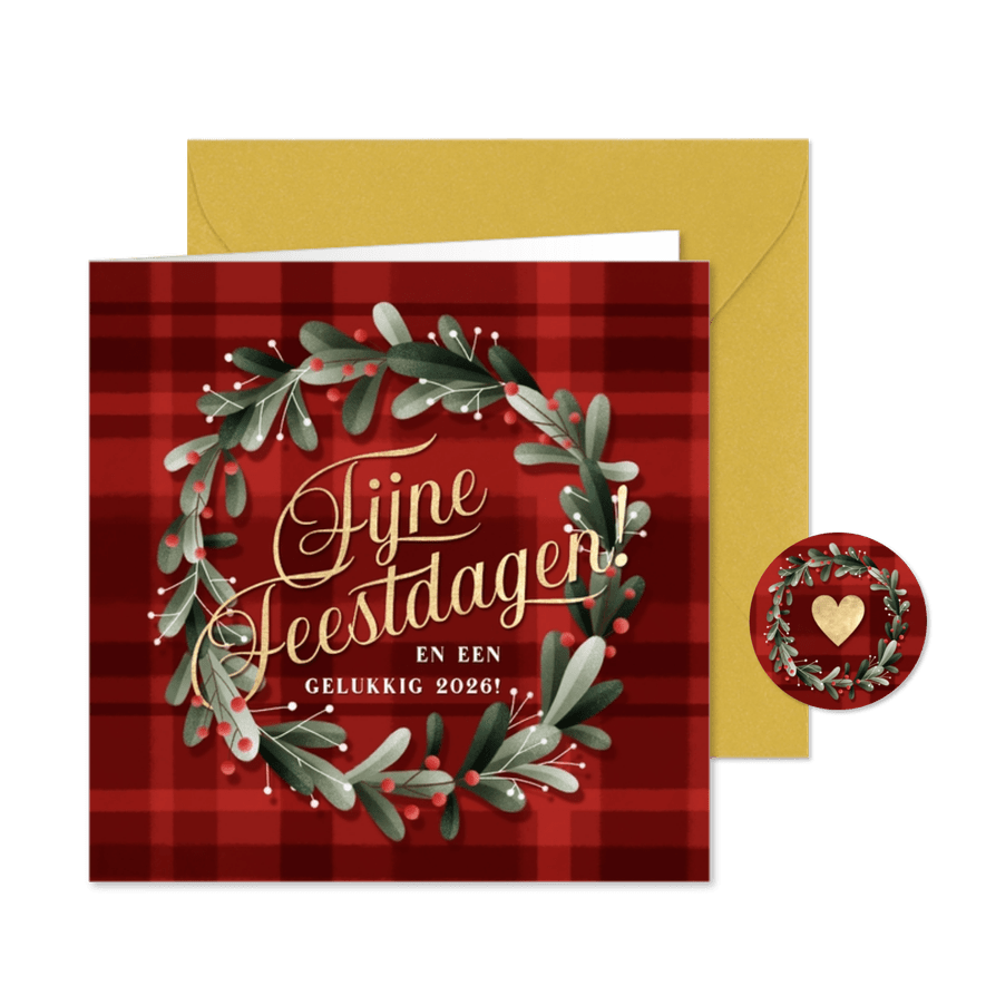 Nostalgisch kerstkaartje kerstkrans en ruitjes achtergrond - Kaartimpressie