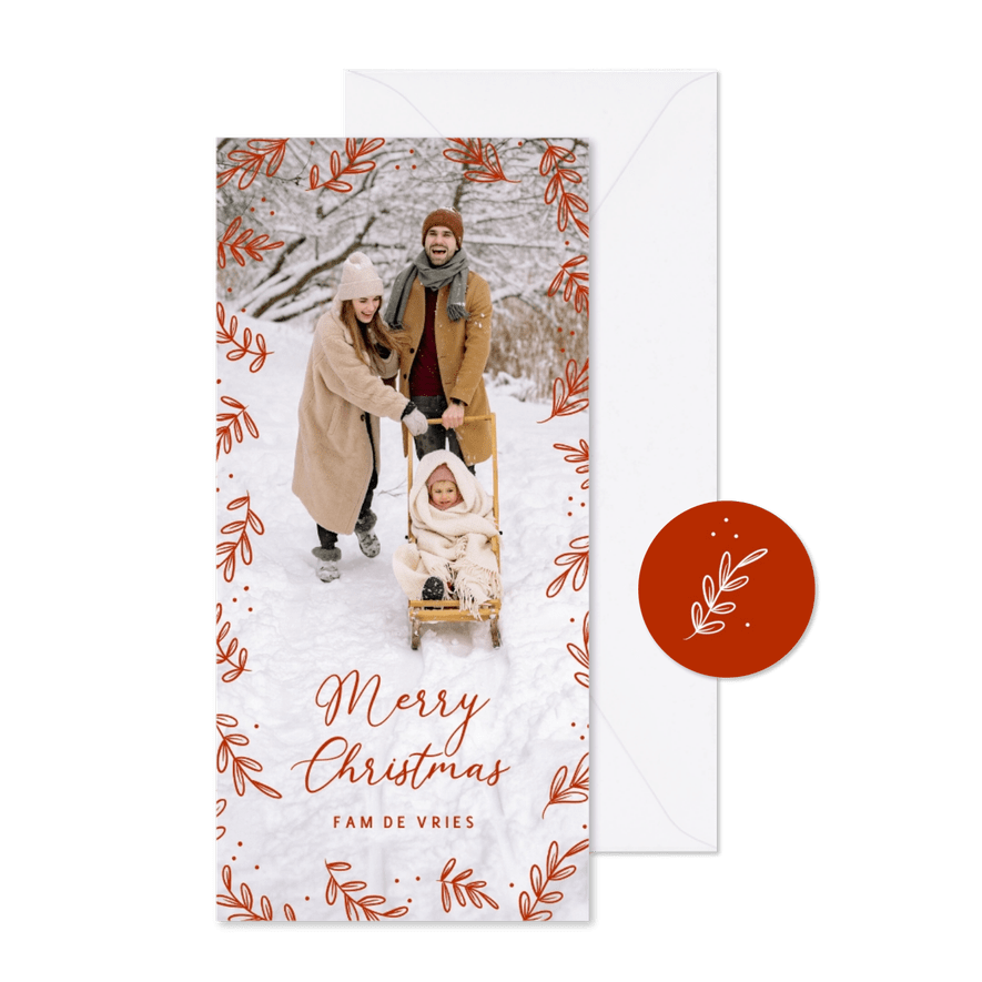 Nostalgische foto kerstkaart met takjes in rood - Kaartimpressie