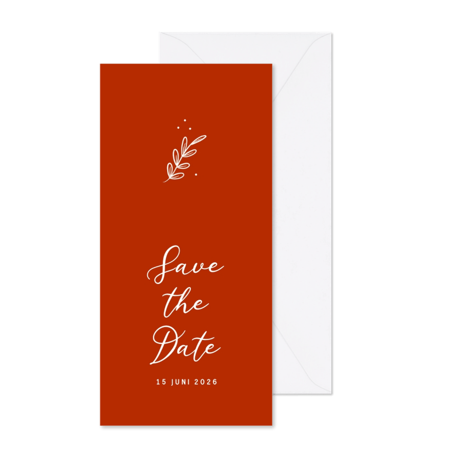 Nostalgische kerst save the date kaart met takjes in rood - Kaartimpressie