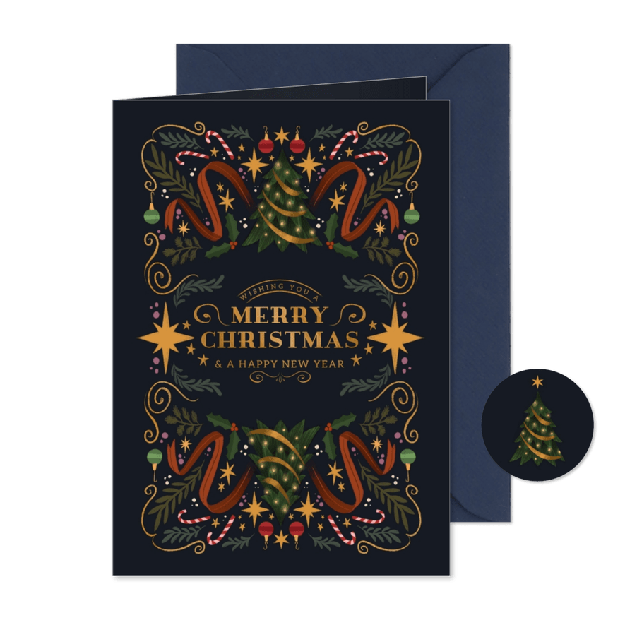 Nostalgische kerstkaart kerstornamenten rechthoek - Kaartimpressie