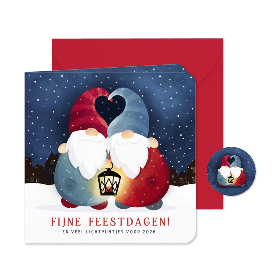 Nostalgische kerstkaart met 2 kerst kabouters in de sneeuw - Kaartimpressie