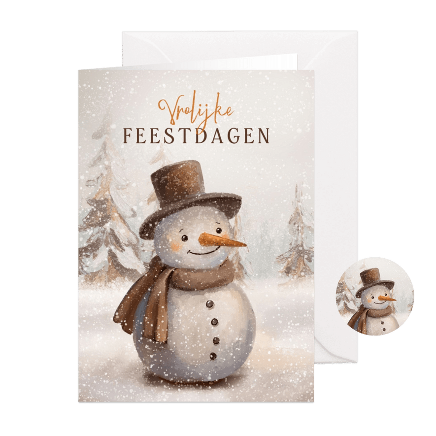 Nostalgische kerstkaart met sneeuwpop sneeuw en dennenbomen - Kaartimpressie