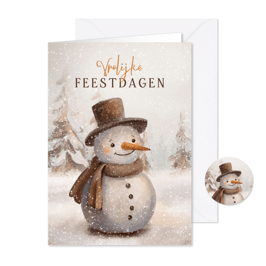 Nostalgische kerstkaart met sneeuwpop sneeuw en dennenbomen - Kaartimpressie
