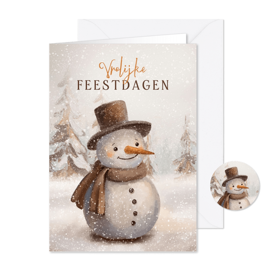 Nostalgische kerstkaart met sneeuwpop sneeuw en dennenbomen - Kaartimpressie
