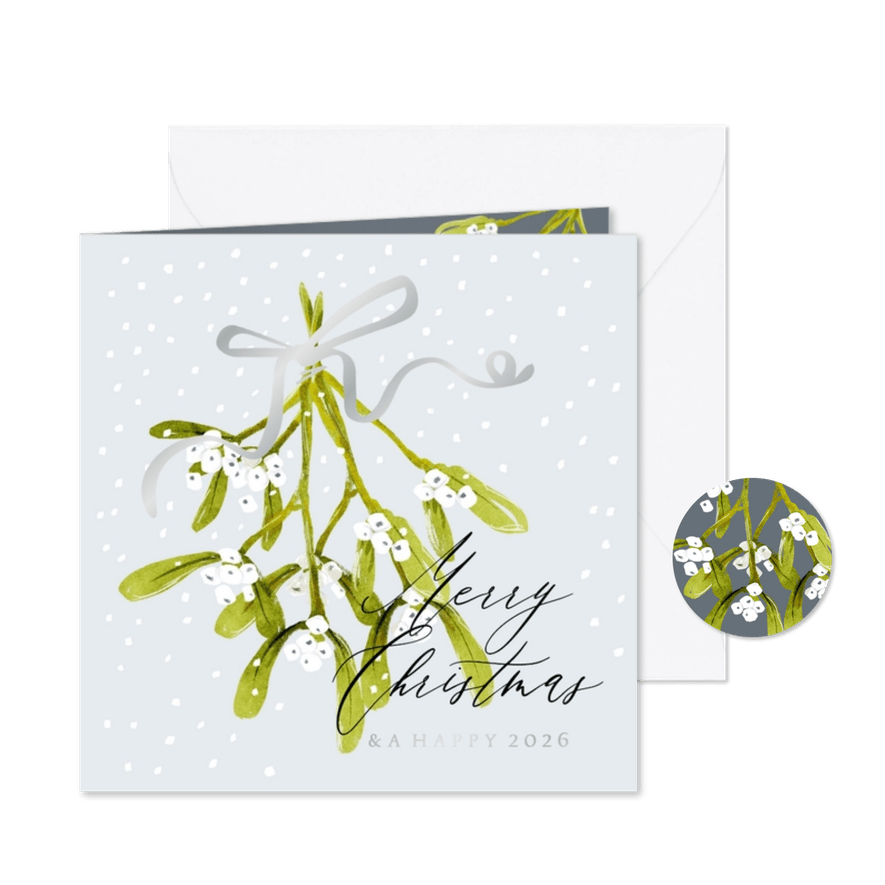 Nostalgische kerstkaart mistletoe strik zilver(folie) sneeuw - Kaartimpressie
